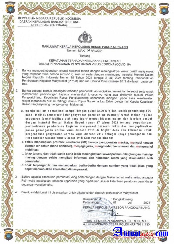 Pencabutan Maklumat Kapolres Pangkalpinang, Setelah Dikeluarkan SK Gubernur Kep.Babel