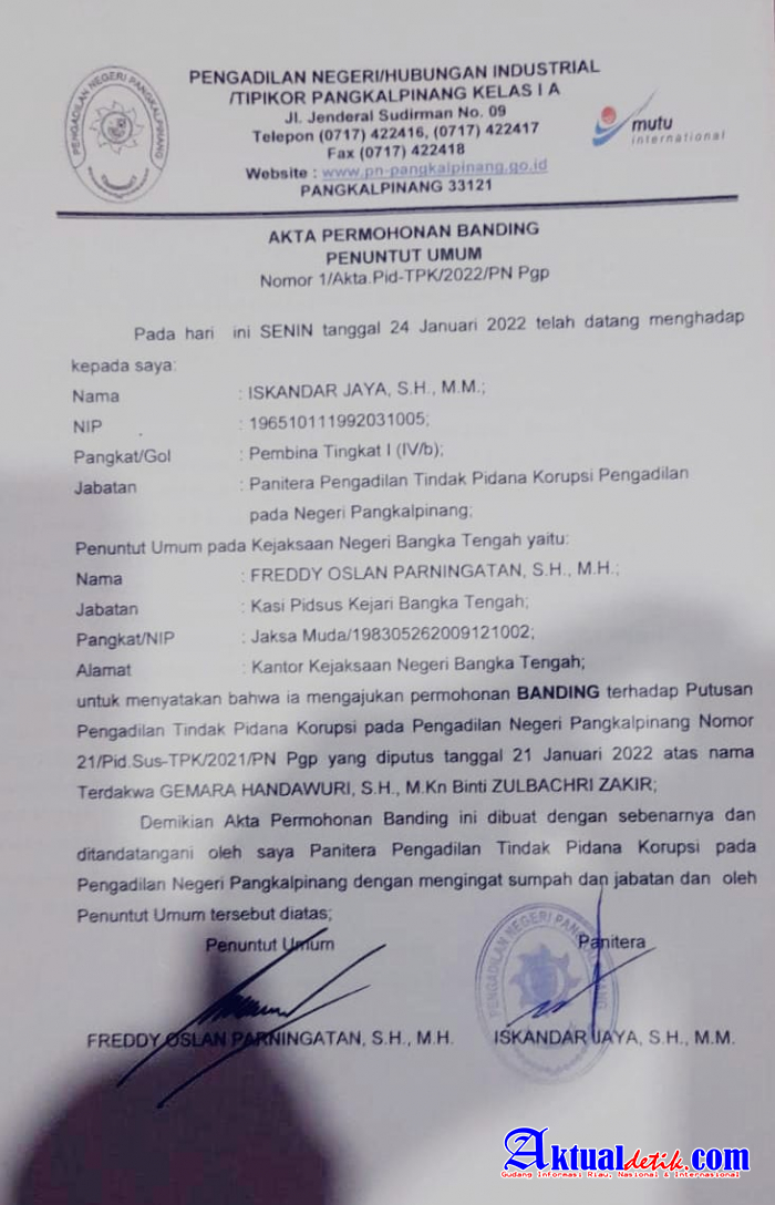 Putusan Perkara Tipikor PN Pangkalpinang Terdakwa Notaris Gemara JPU Kejari Bangka Tengah Banding