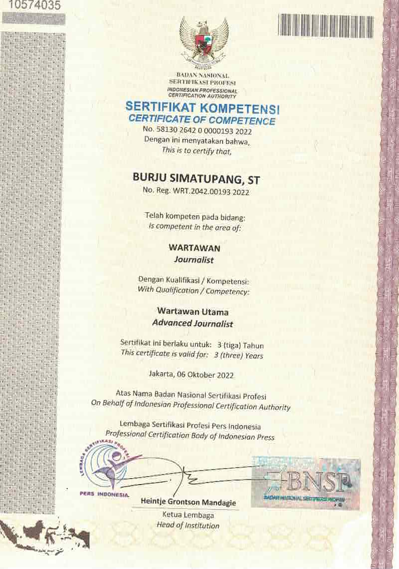 Resmi Wartawan Di Sumut Menerima Sertifikat Dari BNSP Badan Nasional Sertifikasi Profesi