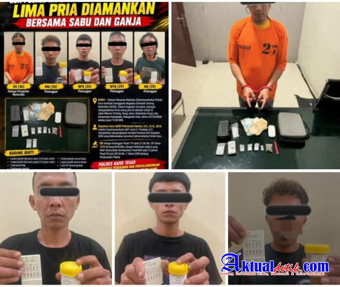 GSN Polres Karo Gerebek Rumah Di Kabanjahe Lima Orang Pria Diamankan Bersama Sabu Dan Ganja