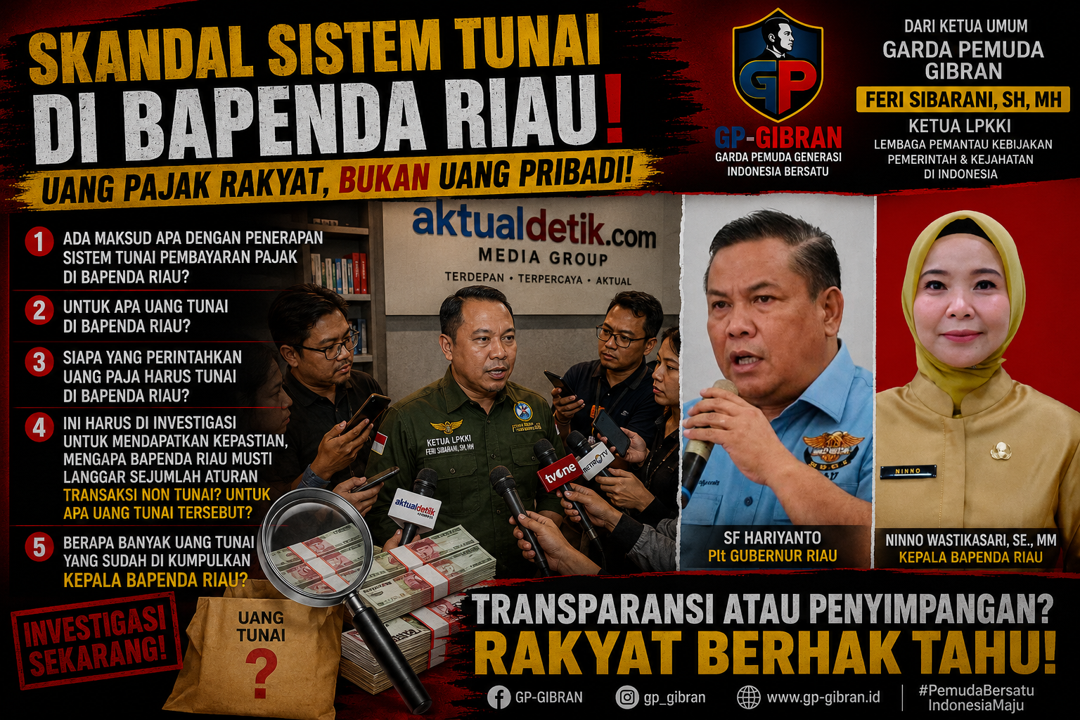 LPKKI SOROT TRANSAKSI TUNAI PENERIMAAN PAJAK BAPENDA RIAU, MINTA GUBERNUR TURUN TANGAN
