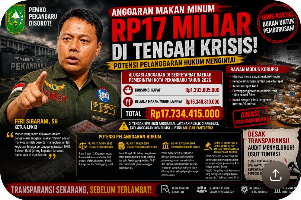 Anggaran Makan Minum Rp17 Miliar di Tengah Krisis, Pemko Pekanbaru Disorot, Potensi Pelanggaran Huku
