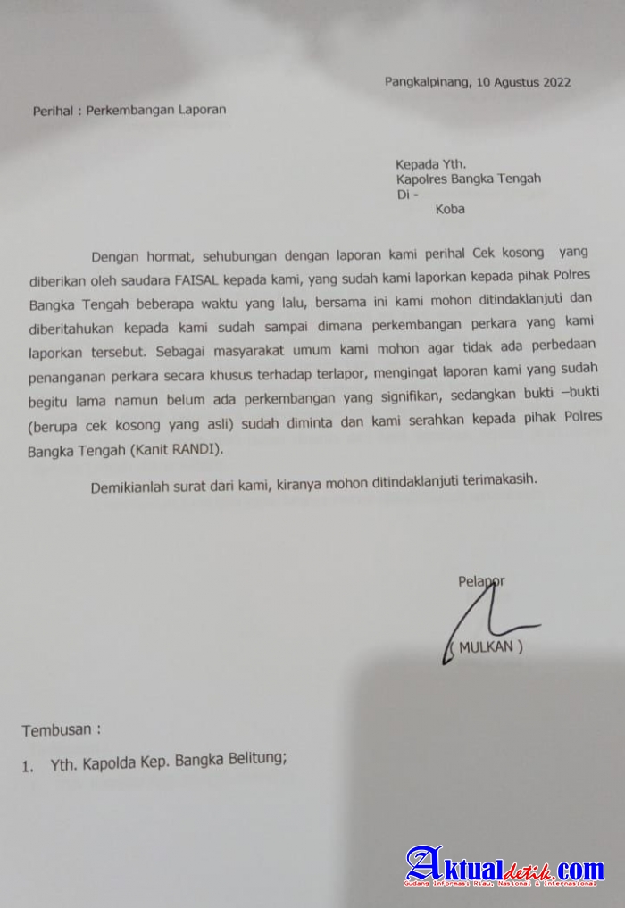 Mulkan Keluhkan Laporannya Di Polres Bangka Tengah Terkesan Lambat Ditindaklanjuti