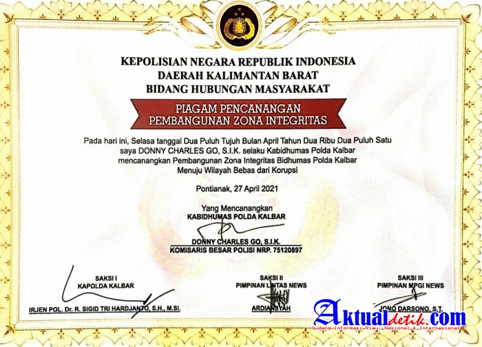 Mewakili Imo-Indonesia DPW IMO Kalbar Mendapat Piagam dari Polda Kalbar