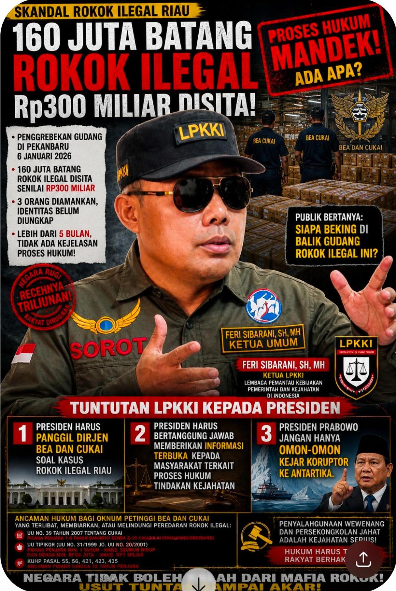 Pengungkapan Rokok Ilegal Rp300 Miliar di Pekanbaru Mandek, Sorotan Publik Menguat